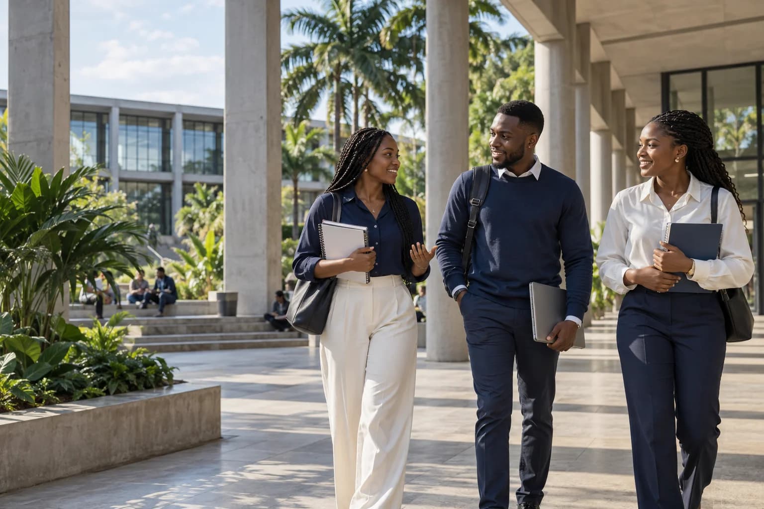 Trois étudiants échangent dans la cour d’un campus universitaire arboré.